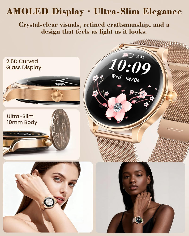 WalkerFit Smartwatch for Women, 1.43” AMOLED Fitness Watch with Bluetooth Calling, Wireless Magnetic Charging, Female Health Tracker, 120+ Sports Modes, IP68 Waterproof, Compatible with Android iOS Rose Gold
