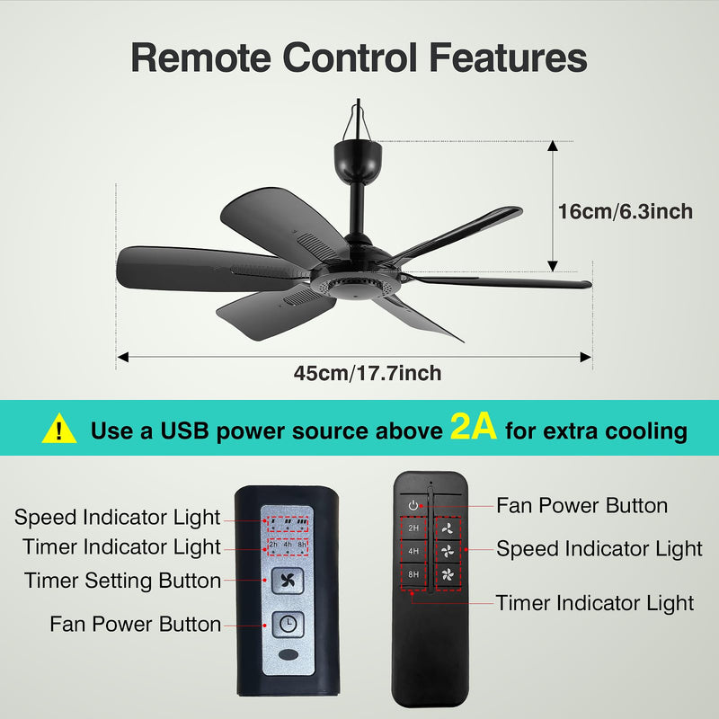 17.7-inch Portable USB Hanging Fan with 6 Blades, Indoor/Outdoor Use for RV, Camping, and Canopy, Quiet Operation，Fan with remote control (with remote control)