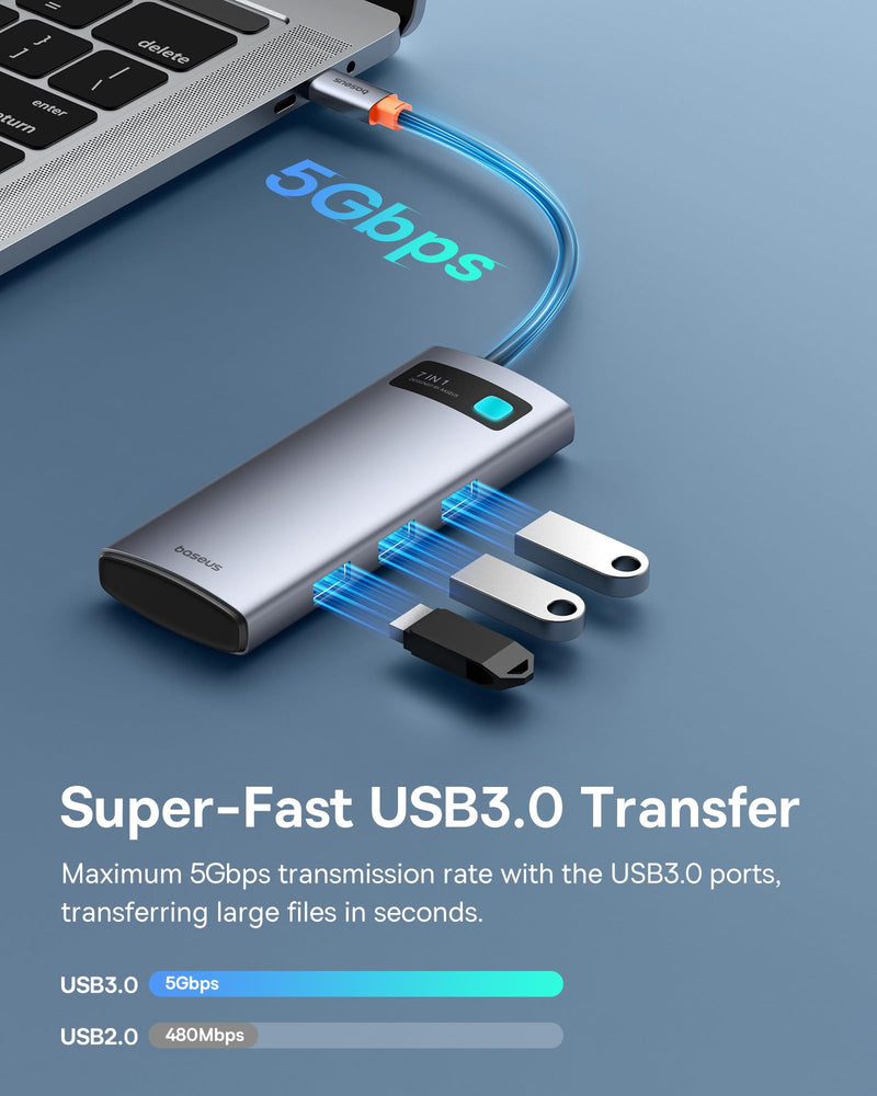 Baseus USB C Hub, 4K@60Hz HDMI USB C Docking Station, 7 in 1 USB Hub with 3 USB-A 5Gbps, PD 100W, TF/SD Card Reader, USB C Adapter Compatible for iPhone 15/Mac/Dell/Acer/HP/ASUS/Steam Deck/Rog Ally