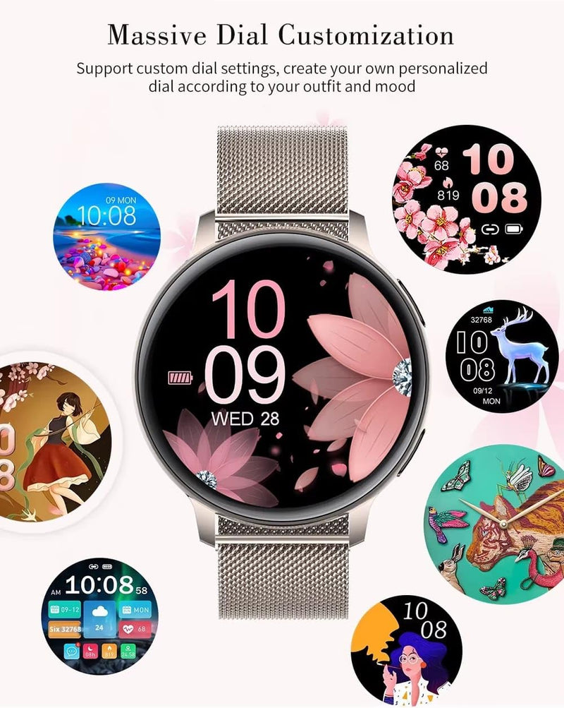 Elegant Women smartwatch with 2 Bands, Bluetooth Calls & Tracking. | Elegant women smartwatch with 2 interchangeable bands. Supports Bluetooth calling, notifications & real-time health tracking.