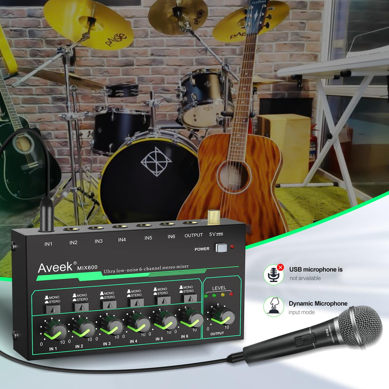 Aveek 6 Channel Mixer - Mini 6 Stereo Audio Mixer, Low-Noise for Precision Sub-Mixing,1/4" TRS Input/Output Ideal for Mics/Guitars/Bass/Stage - 3 x 5.8 x 1.3 inches
