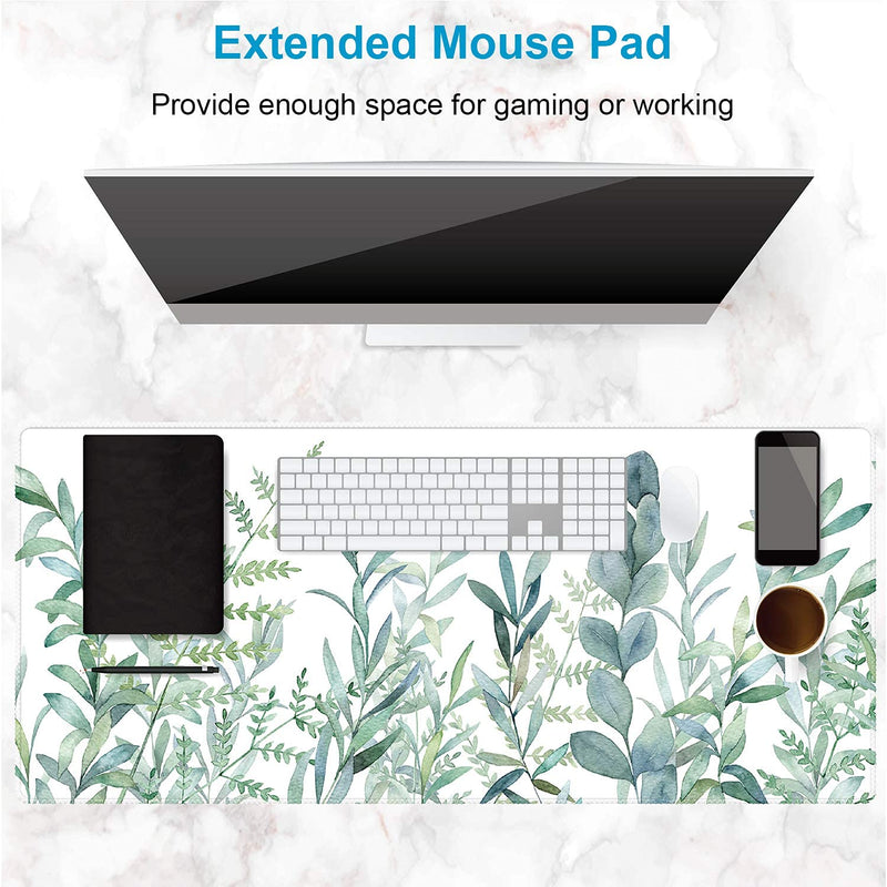 Extended Gaming Mouse Pad (35.4x15.7 inch 3mm Thick), iDonzon Soft Cute Extra Large XXL Waterproof Thicken Desk Mouse Keyboard Mat with Non-Slip Rubber Base & Stitched Edges, Green Plants