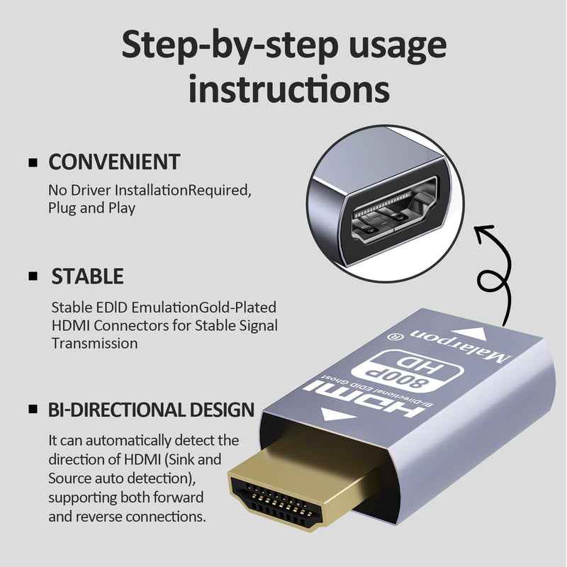 Hdmi Edid Emulator Passthrough 3rd Generrtion Aluminum fit Headlesskeep The EDID of The Monitor Active Switches and Extenders 1280x800@59Hz 4P HDMI EDID 800-4P