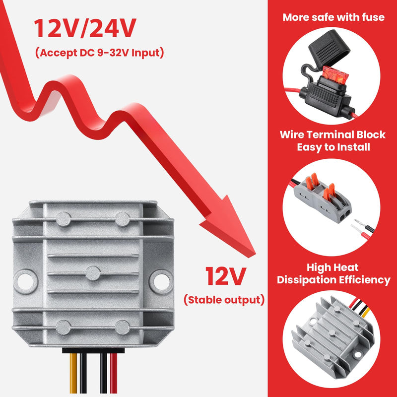 60W DC-DC Buck Converter 9V-32V to 12V 5A, Waterproof Car Power Supply, Voltage Regulator for CCTV, Solar Panel, RV, Truck, Audio System Gray-DC 9-32V to 12V 5A