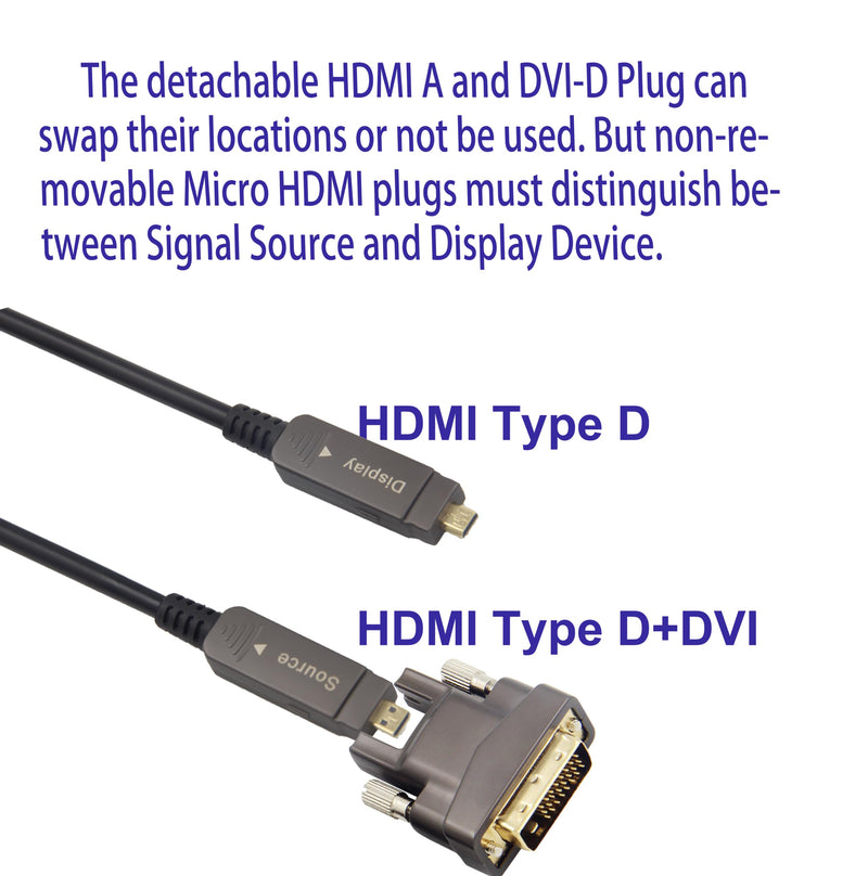 30ft 4K HDMI DVI Cable, Fiber Optic HDMI Cable, Micro HDMI to HDMI, Detachable Type A to DVI, D to DVI, 18Gbps Ultra Speed, Slim Flexible, Long Extended, for Projector TV Xbox PS 30ft Fiber 4K HDMI AD+DVI