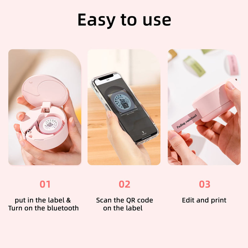 [AUSTRALIA] - Label Maker Machine with Tapes, Mini Cute Label Makers, Bluetooth Connection with iPhone Android, Waterproof and Inkeless Labelmaker for Home, Office, Classroom Organization (5 Tapes Included) 5 Tapes pink 