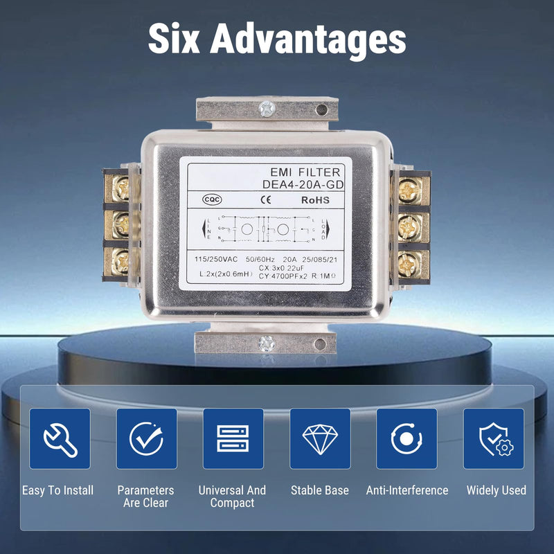 Uadme DEA4-20A-GD EMI Filter Performance Filter 115V 250V 20A 50/60Hz Single-Phase Filter, Terminal Block Connection