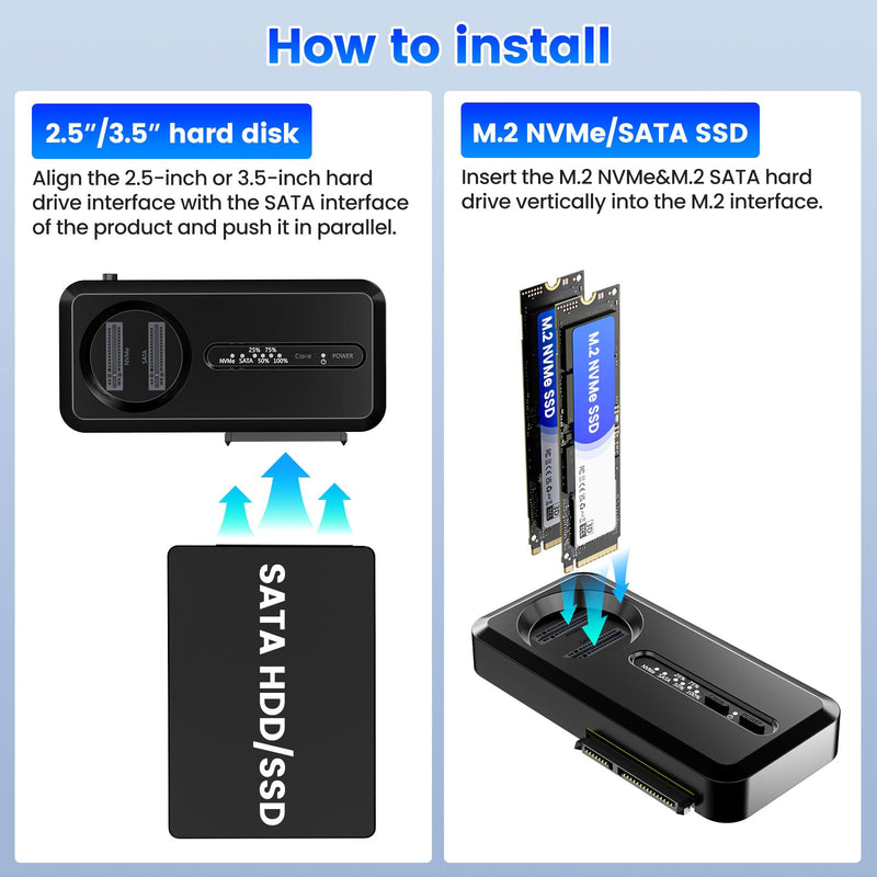 M.2 NVMe to 2.5'' 3.5'' Offline Clone Enclosure, SATA SSD to NVMe SSD Enclosure Adapter Cloner, 10Gbps Standalone Clone Duplicator