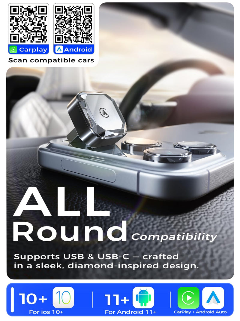 Wireless CarPlay Adapter & Wireless Android Auto Adapter, 2 in 1 Car Dongle | with WiFi 6 & Bluetooth 5.4, 3s Auto-Connect, Metal Housing for Better Cooling, Includes USB-C Adapter, Fits 1000+ Vehicles Black