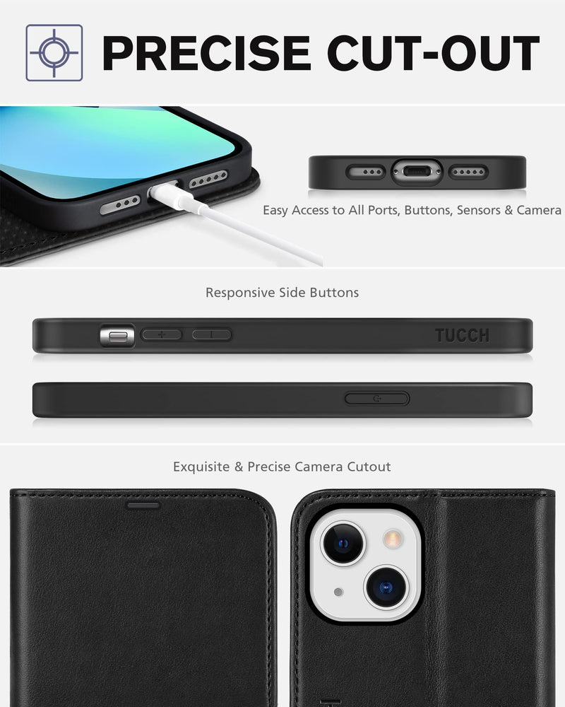 TUCCH Case for iPhone 13 Wallet Case, PU Leather Flip Folio Case with [Shockproof TPU Inner Shell], RFID Blocking Card Holder Kickstand Phone Cover Compatible with iPhone 13 6.1-inch 2021, Black
