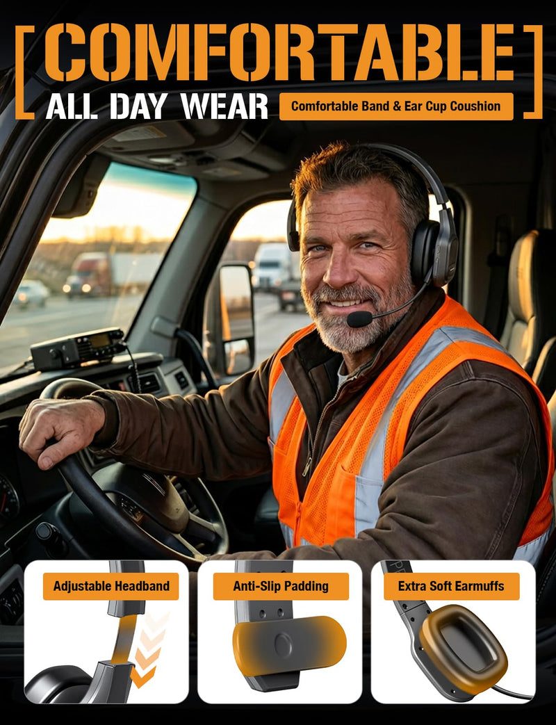 ToughTested PROCOMM 724 Trucker Headset with Noise Cancelling Mic | Wireless Bluetooth headset with 40Hr talk time, 60Hr music, HD sound, and dual device pairing for drivers.