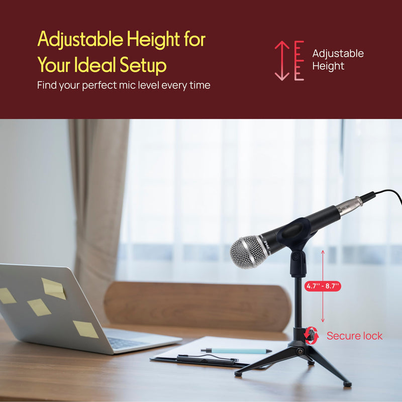Pyle Desktop Tripod Microphone Stand - Adjustable Height 4.7” to 8.7” with Heavy Duty Clutch, Supports 5 Lbs, Ideal for Podcast, Screencasts, or Desktop Applications 8.7-inches