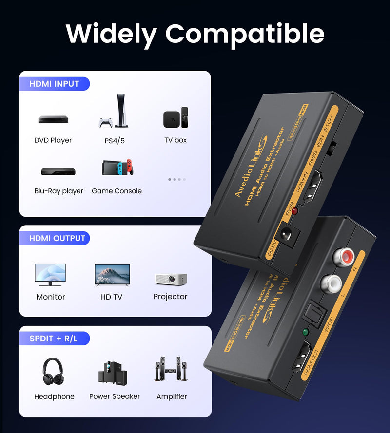 [AUSTRALIA] - avedio links 4K 60Hz HDMI Audio Extractor Converter SPDIF + L/R Stereo 3.5mm Out, HDMI2.0 HDCP2.2 Dolby Digital/DTS/Dolby Vision HDR for Fire Stick, Blu-Ray Player 4K 60Hz Black 