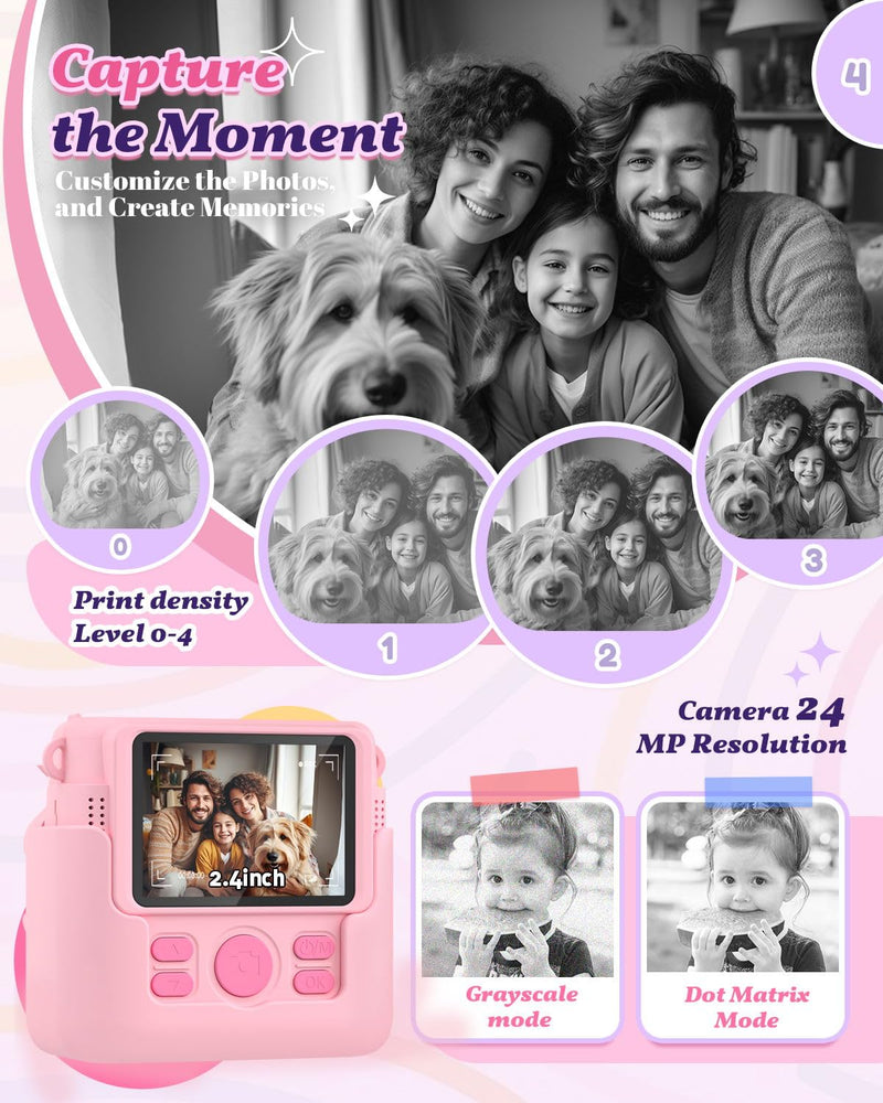 Kids Camera Instant Print, 1080P Cameras for Kids Girls Toys Age 6-8, Christmas Birthday Gift for 7 8 9 10 Year Old Girls, Kids Toys for Girls Age 3-12 with 3 Rolls Paper and a 32G Card-Pink Pink