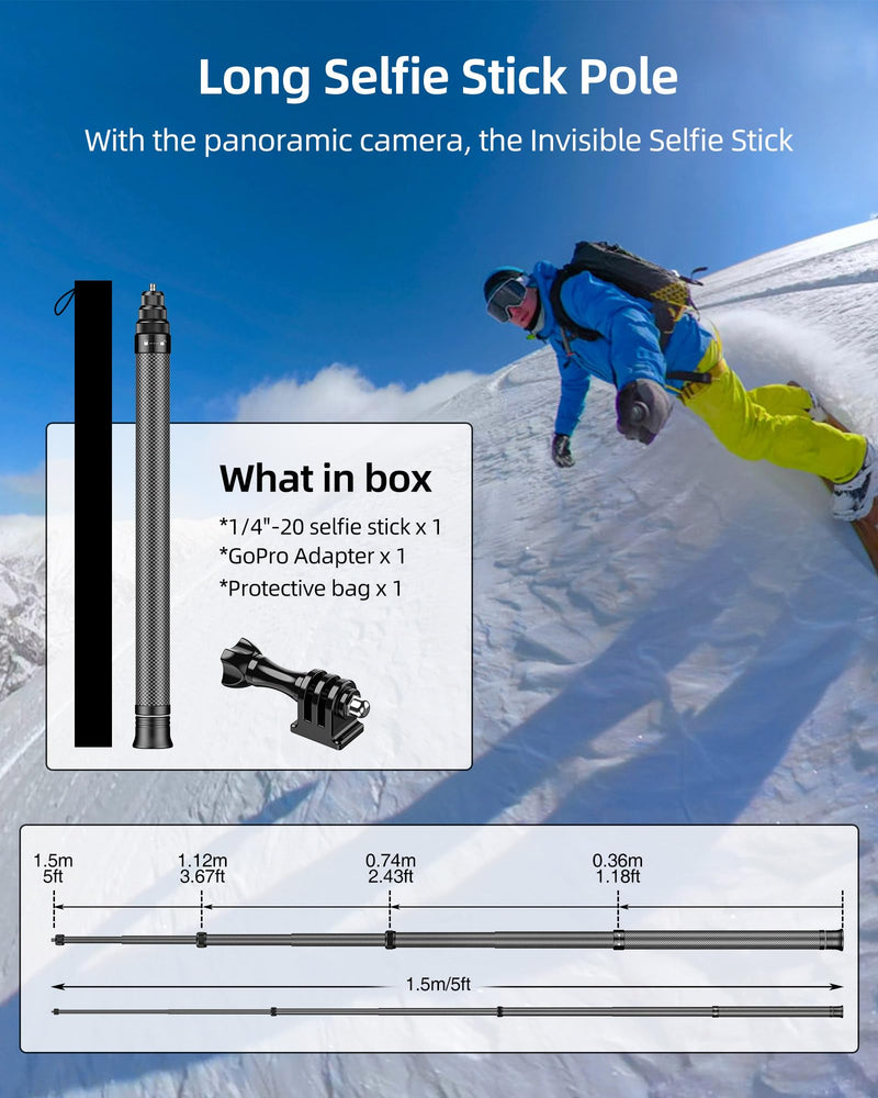 60"/1.5m Invisible Selfie Stick Carbon Fiber, 5ft Extended Long Pole Compatible with Insta360 X4 X3 ONE X2, ONE R, ONE X, ONE GO 3S 3 2 Action 360 Camera (14.2 to 60")