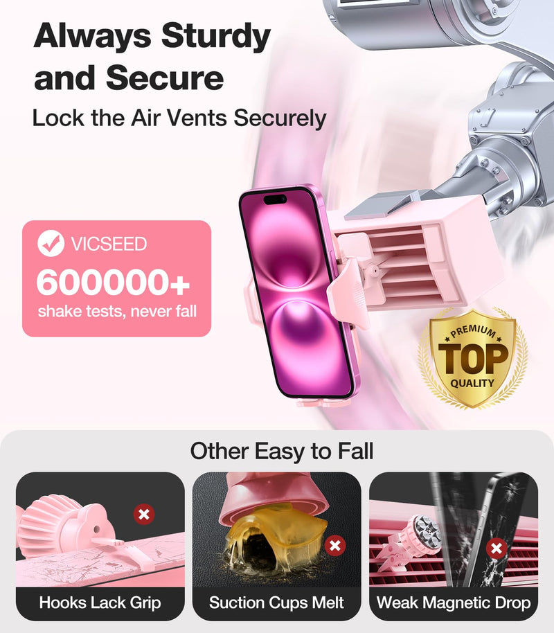 VICSEED Pink Air Vent Phone Holder for Your Car [ Sturdy & Secure ] | Cell Phone Mount for Car Hands Free Easy Clamp Cradle in Vehicle for iPhone Samsung Android Smartphone, Pink Car Accessories