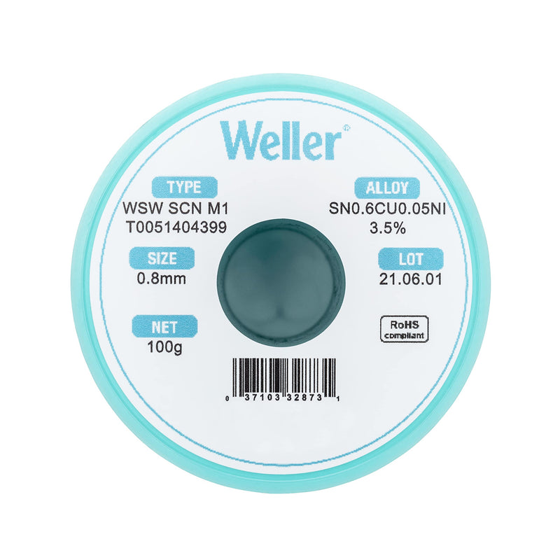 [AUSTRALIA] - Weller WSW SCN M1 (T0051404399) Lead Free Solder Wire, Dia: 0.8 mm / 0.039 in, Wt: 100 g / 3.527 oz, Alloy Sn99.3Cu0.6Ni0.05, Flux content 3.5% 