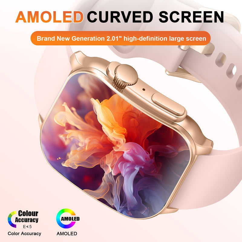 Smart Watch for Women, 2.01" AMOLED Curved Display Fitness Tracker with Answer/Make Calls, 100+ Sport Modes, 24/7 Heart Rate/Sleep Monitor/Pedometer, IP68 Waterproof SmartWatch, for Android iOS Pink