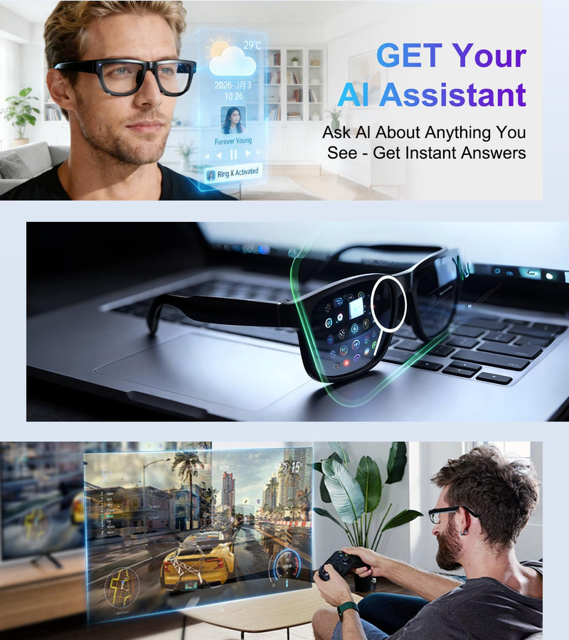 Smart Glasses with Camera and Bluetooth - AI Glasses for Men Anti-Shake Real-Time Translation Object Recognition ChatGPT Assistant Long Battery Life for Meetings Video Recording Vlogs (Universal Size) Universal Size