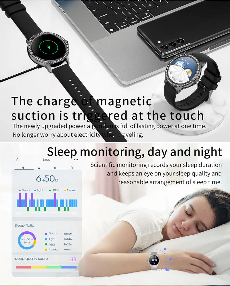Yihou Luxury Gold Smart Watches for Women, Diamond Round Designer Fitness Tracker Smartwatch for Android iOS Phones with Make/Answer Call Sleep Monitor