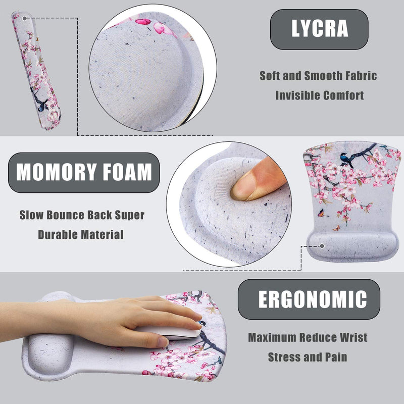 Ergonomic Keyboard Wrist Rest and Mouse Pad Wrist Rest Support Set,Comfortable & Lightweight Memory Foam Computer/Gaming/Office Wrist Set for Easy Typing & Pain Relief by AORTDES(Bird and Pink Flower) Kmwrp-19