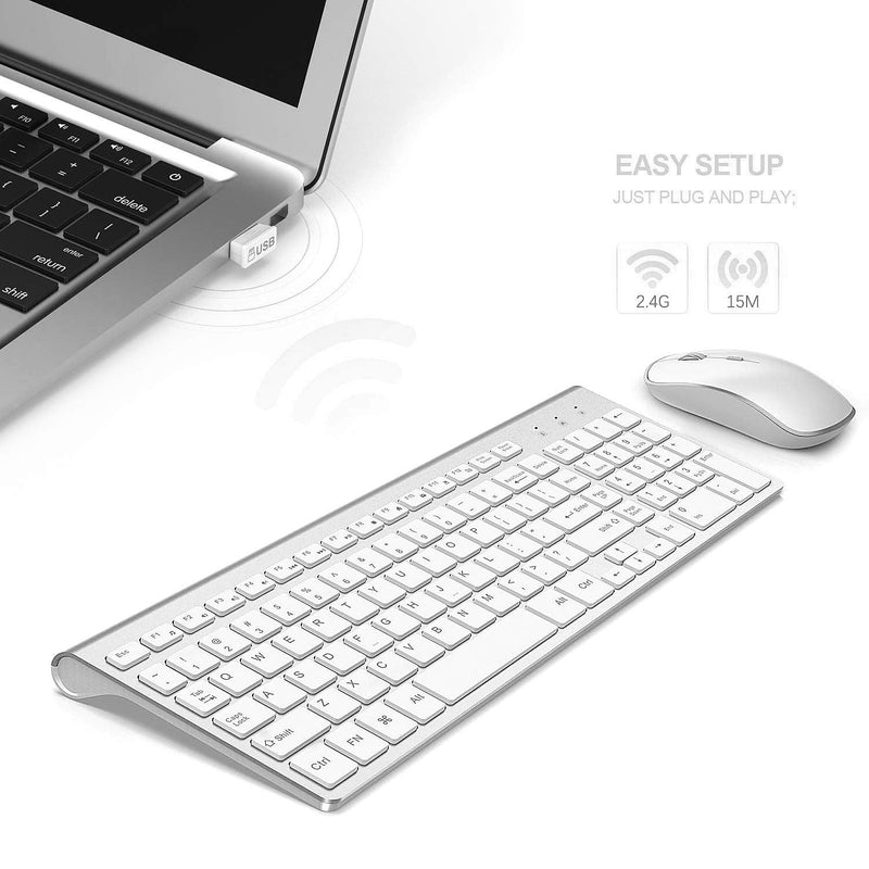 Wireless Keyboard Mouse, J JOYACCES 2.4G Compact and Ultra Slim Wireless Keyboard and Mouse for Windows, Computer, Desktop, PC, Laptop-Sliver sliver