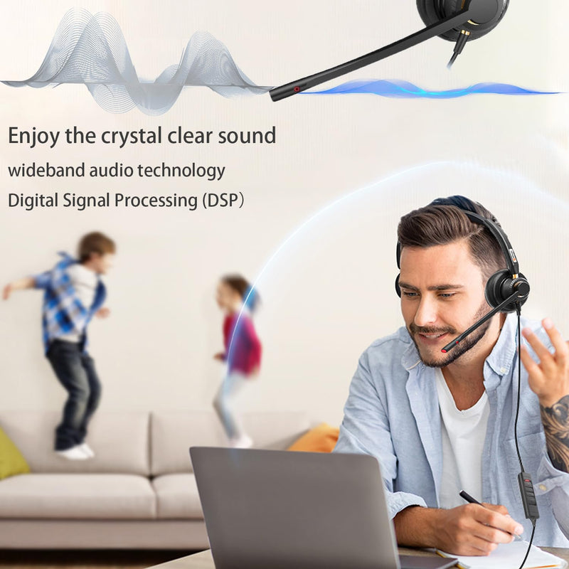 [AUSTRALIA] - USB Headset with Microphone for PC, Computer Headset, Noise Cancelling Adjustable Volume Control Lightweight Wired Headset with Mic for Work, for Laptop Business Skype UC Webinar Call Center Office A802USB-Dual 