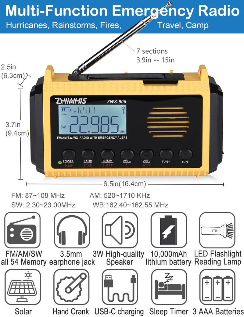 ZHIWHIS Emergency Radio with Auto NOAA Alerts, 10000mAh AM FM SW Weather Radios, Hand Crank/Solar/SOS/Flashligh/Reading Lamp/Timer Portable Receiver with Preset, for Emergencies ZWS-905