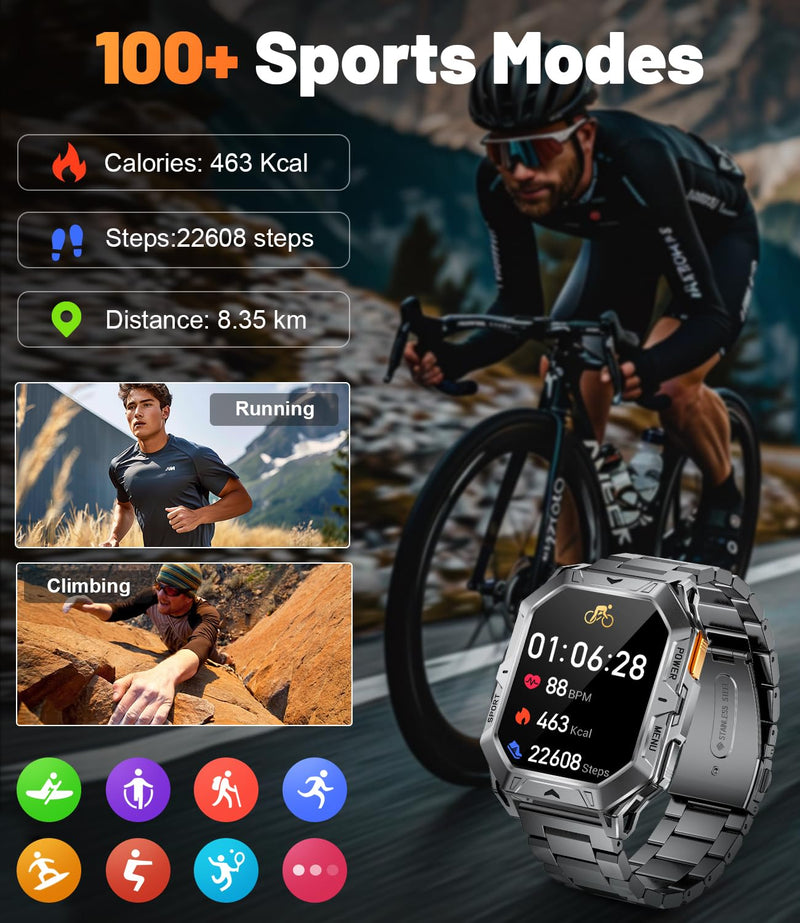 LIGE Military Smart Watches for Men(Answer/Make Calls),100-Day Battery Life,2.13" AMOLED Outdoor Sports Smartwatch with Compass,Fitness Tracker with 100+Sports Modes for Android iOS,AI Voice
