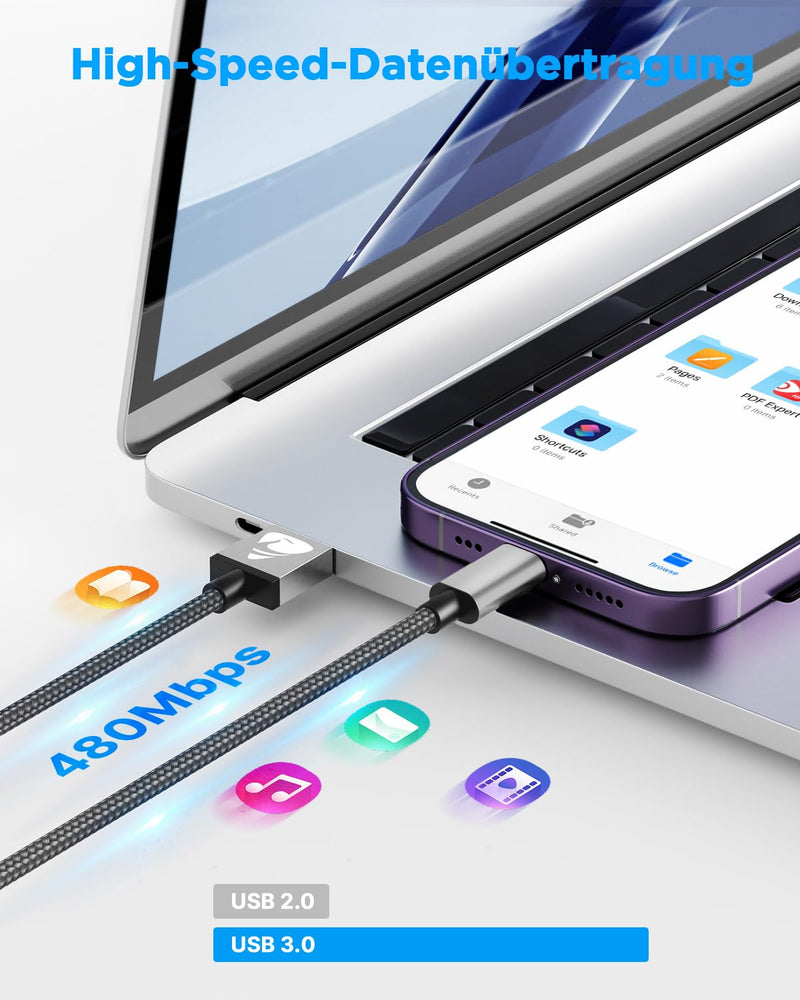 iPhone Charging Cable, Lightning Cable, 3M Charging Cable, iPhone Cable, MFi Certified iPhone Fast Charging Cable, Nylon Fast USB Lightning Cable for iPhone 14 13 12 11 Pro Max Mini XS XR X 8 7 6 6s 3 metres grey