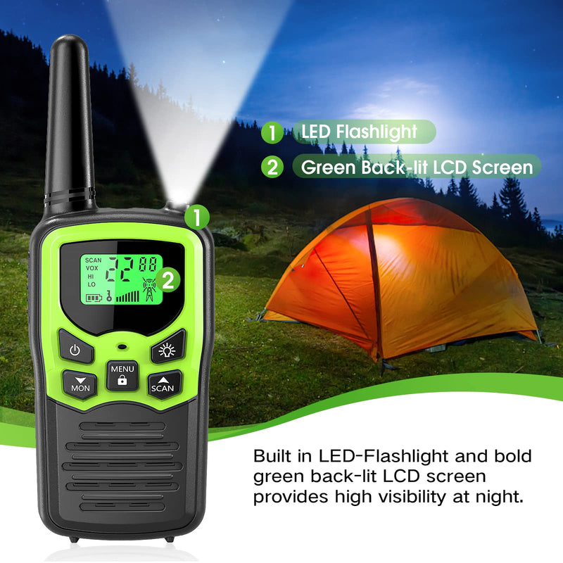 Walkie Talkies with 22 FRS Channels, MOICO Walkie Talkies for Adults with LED Flashlight VOX Scan LCD Display, Long Range Family Walkie Talkie Radios for Hiking Camping Trip (Green) Green