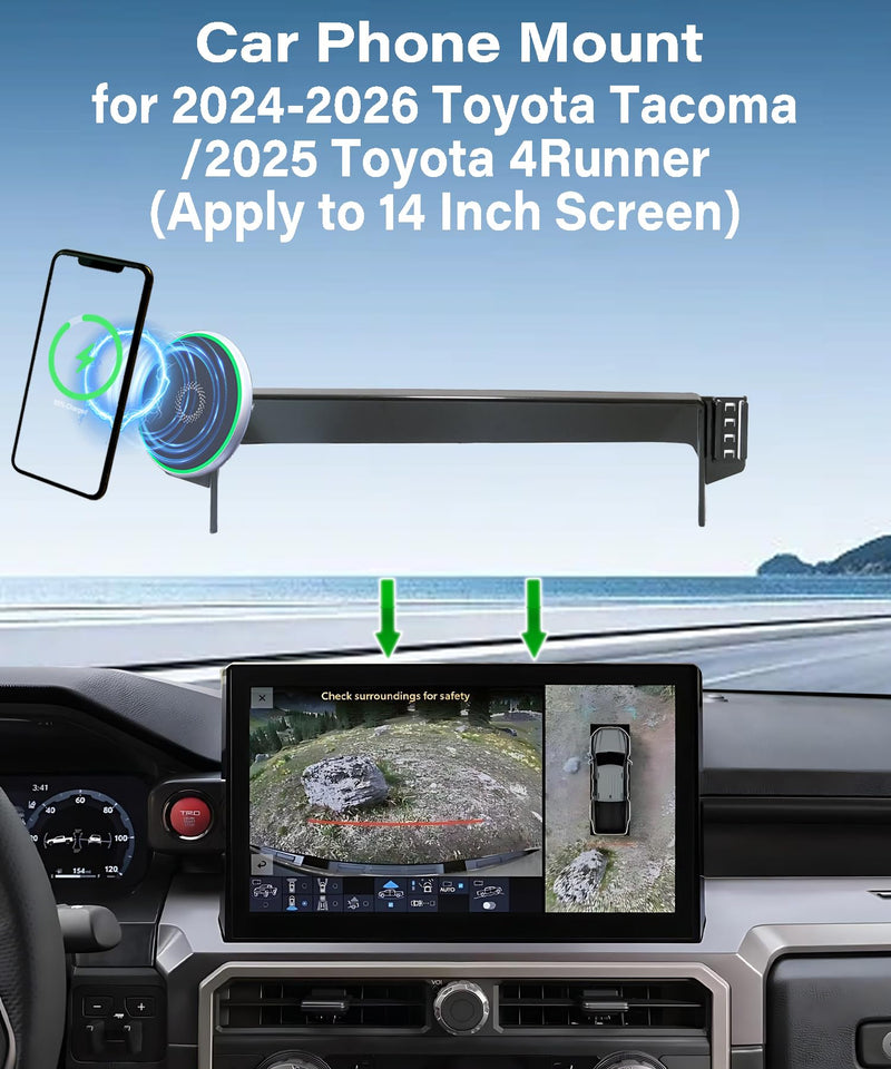 Car Phone Mount for 2024 2025 2026 Toyota Tacoma/2025 4Runner Accessories | 14-in Screen Clip-On MagSafe 15W Fast Wireless Charger Cell Phone Holder, 3D Fit Navigation 360° Rotatable Cradle fit for 2024-2026 Tacoma/2025 4Runner (14 Inch)