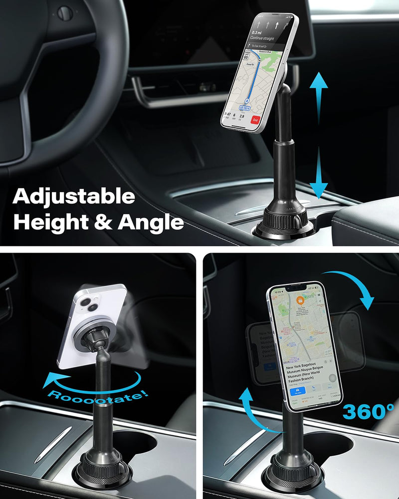 OQTIQ Phone Cup Holder for Car Mount for MagSafe, Quick Extension Long Arm | 360° Rotation, Fits 3"-4" Cup Holders - Stable & Secure for iPhone 12-17 Series, Carbon Fiber Pattern Black