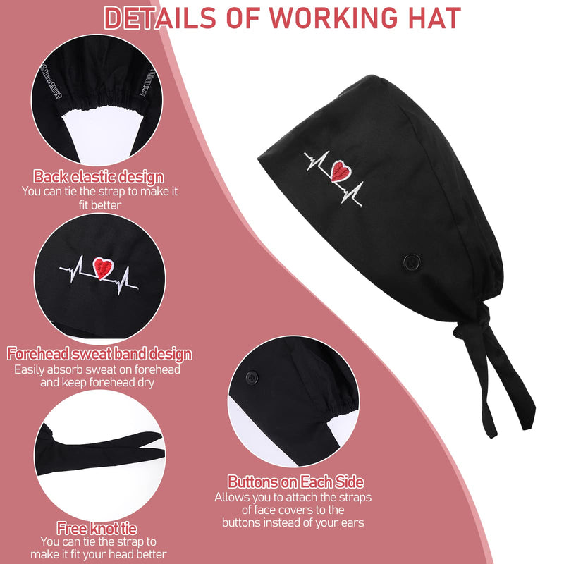 Lusofie Adjustable Working Cap with Button Sweatband Surgical Cap Nurse Hat Cotton Ponytail Holder Scrub Caps Tie Back Hats Black Heart