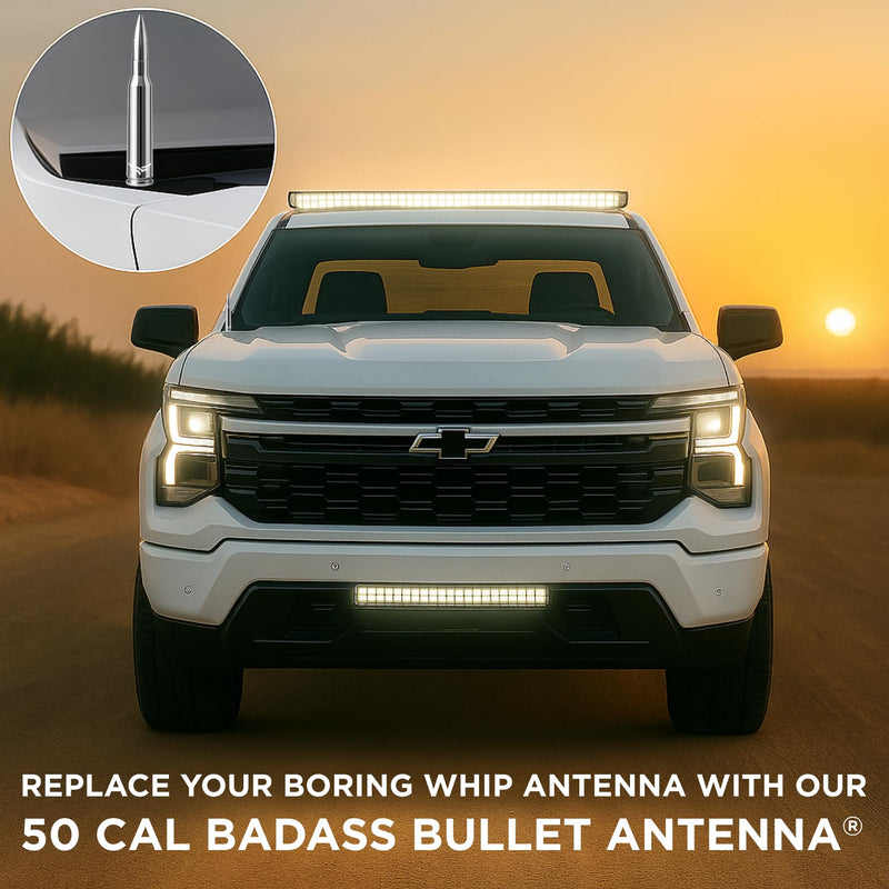 [AUSTRALIA] - 50 Cal Badass Bullet Antenna® Fits Chevy Silverado & GMC Sierra Truck Accessories — Short Replacement Antenna for Trucks — Chevy Silverado 1500 Accessories — Ditch The Whip & Upgrade Your Truck Silver/Chrome 