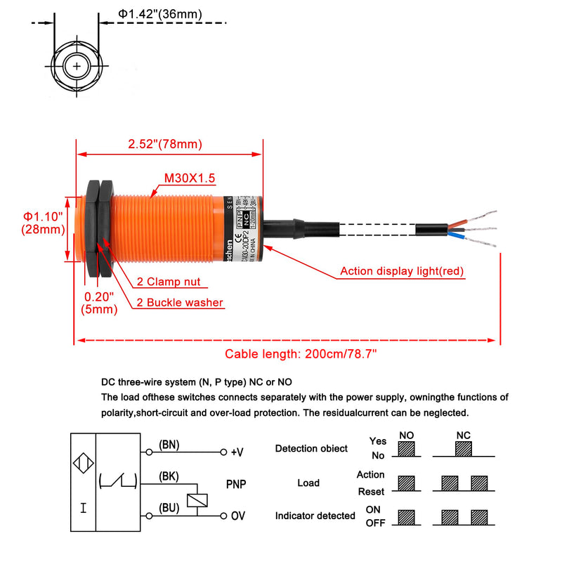 M30 Capacitive Proximity Sensor Switch, SZC-M30-20AC, Detecting Distance 1-20mm, 20-250VAC 400mA, Normally Closed (NC), 2 Wire