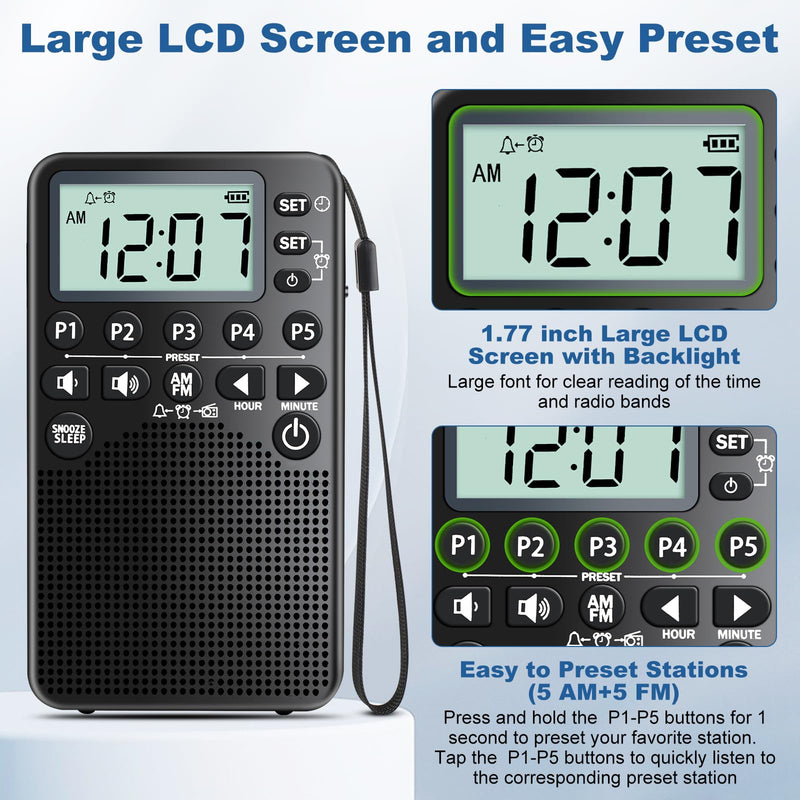 [AUSTRALIA] - Battery Operated Portable Pocket AM/FM Radio | Digital Tuning, Loud Speaker, Excellent Reception | Portable Emergency & Outdoor Radio with LCD Screen, Alarm Clock, Preset, Sleep Timer, Snooze 
