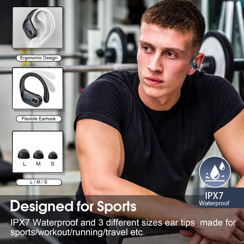 Aptkdoe 2 Sets Wireless Earbuds Sport, Bluetooth 5.4 Over Ear Buds Stereo Deep Bass Over Ear Bud with Earhooks, 75H Wireless Earphones with Mic, IPX7 Waterproof Earphone for Sports Black+Purple