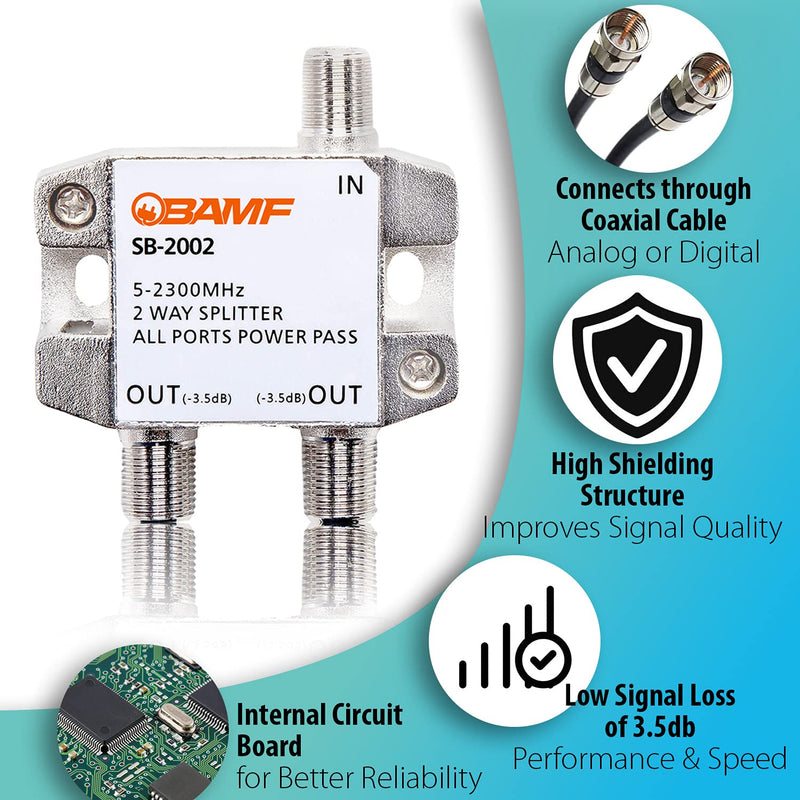 BAMF 2 Way Coaxial Cable Splitter, Bi-Directional Coax MoCA 5-2300MHz, RG6 Compatible, Nickel Plated Cable Splitter Internet and TV Splitter, Satellite, Amplifier, Antenna, Analog/Digital Connections