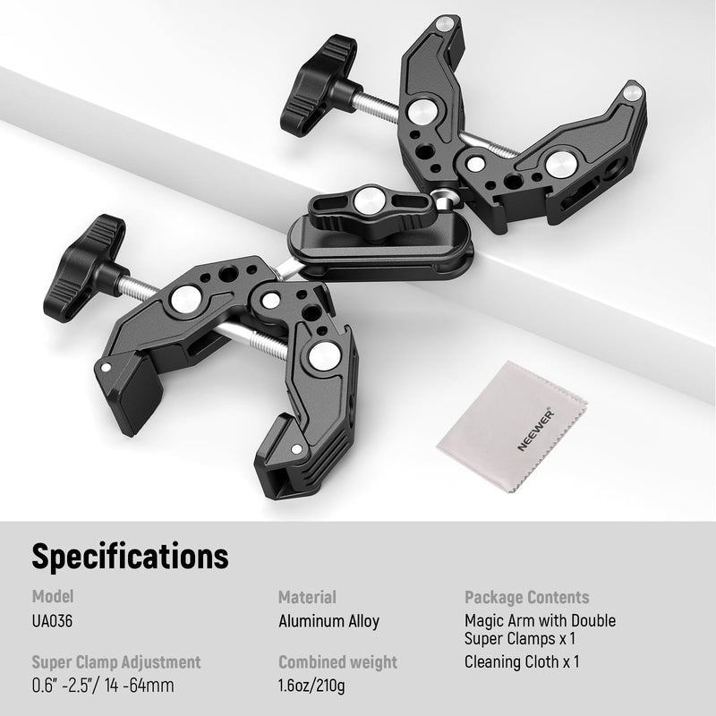 NEEWER Double Super Clamp with Magic Arm, Cleaning Cloth, Umbrella Camera Pole Clamp Mount for Desk Photo Studio Light Stand, Reflector, Scrim, Cross Bar, Motorcycle, Photography Accessories, UA036