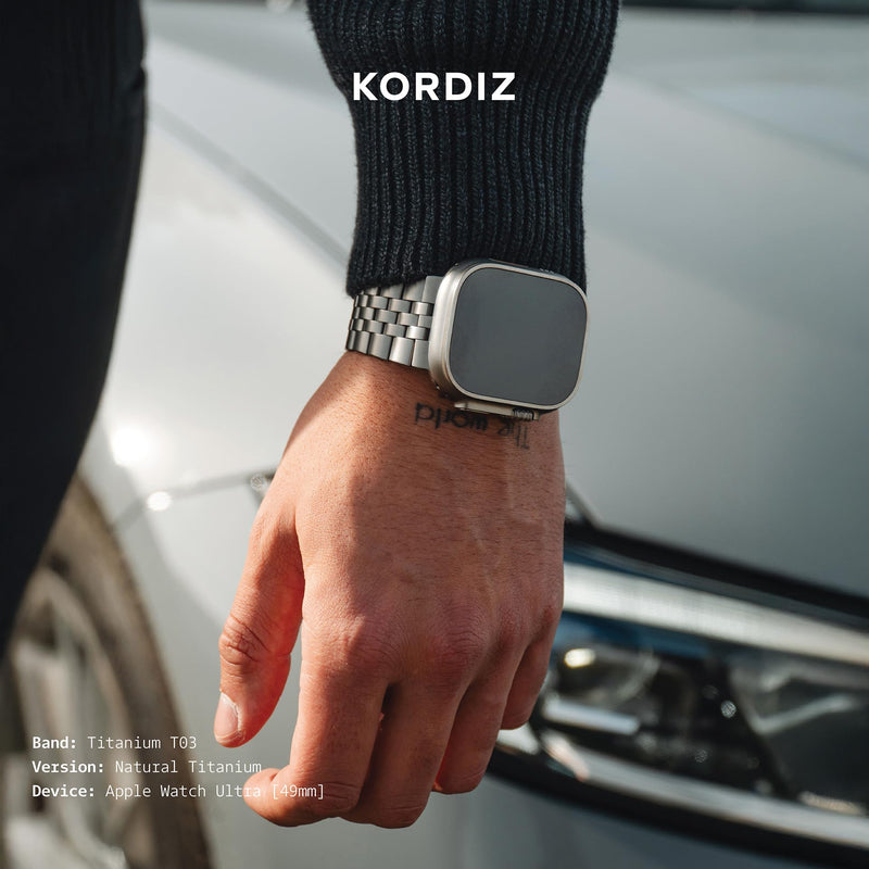 KORDIZ Titanium T03 Band for Apple Watch ULTRA 3 / ULTRA 2 / ULTRA (49mm) — Refined Iconic Design, Lightweight Grade 2 Titanium with Butterfly Clasp — Premium Luxury Bracelet for Men Natural Titanium