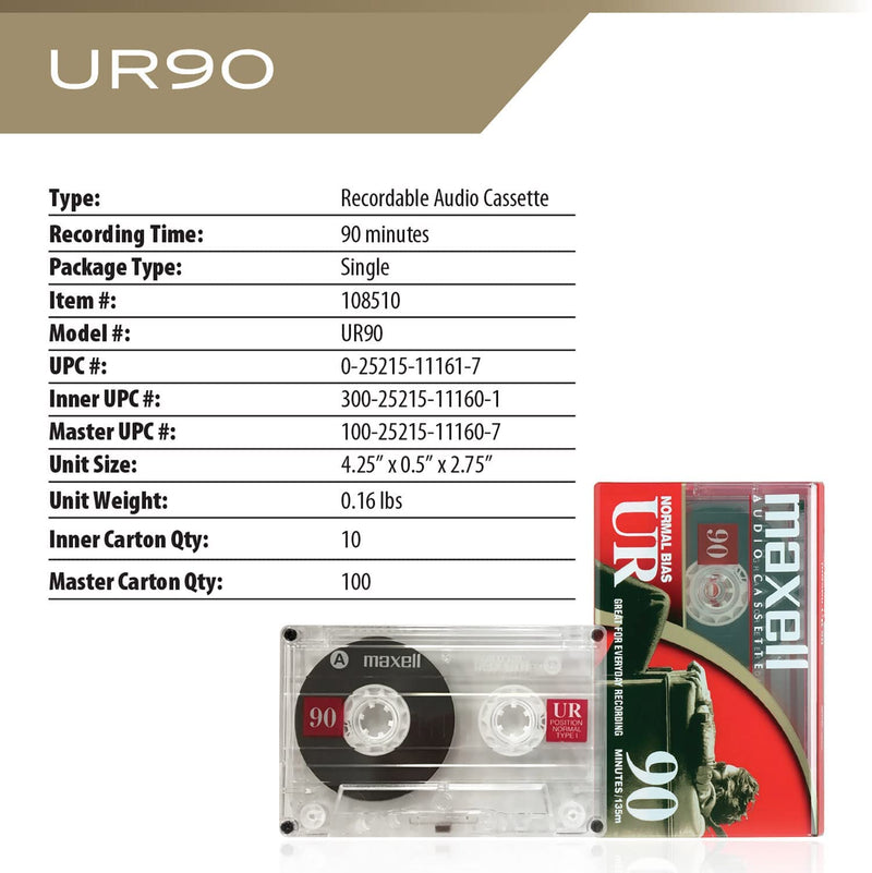 Maxell UR 90 Normal Bias Blank Audio Recording Cassette Tape, Low Noise, 90 Minute Recording Time, 5 Pack 1 Pack