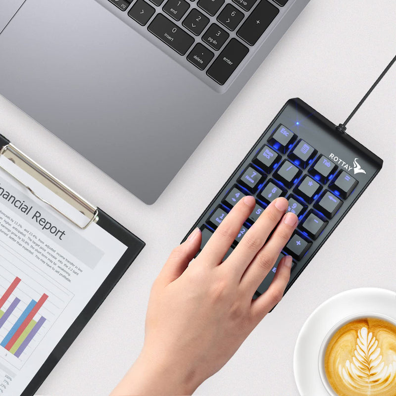 Number Pad, ROTTAY Mechanical USB Wired Numeric Keypad with Blue LED Backlit 22 Key Numpad for Laptop Desktop Computer PC Black (Blue switches)