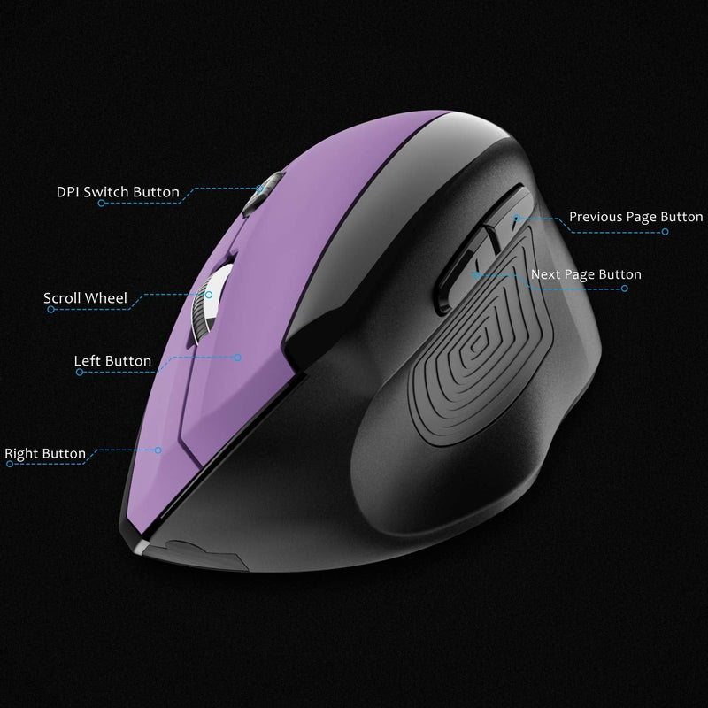 Memzuoix Ergonomic Mouse Wireless, 2.4G Optical Cordless Mice with 800 / 1200 /1600 DPI, Vertical Computer Wireless Mouse for Laptop, Mac, PC, Desktop (for Right Hand, Large), Purple