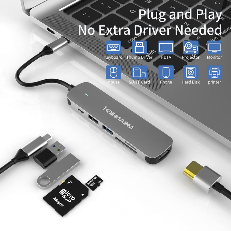 MEANHIGH USB C 3.0 Hub, 6 in 1 Type C to USB Hub Adapter, 4K HDMI Output, SD/TF Card Reader, 100W PD Charging, Ultra-Slim and Portable, Compatible with MacBook Pro Air HP XPS and More Type C Device USB-C-6IN1