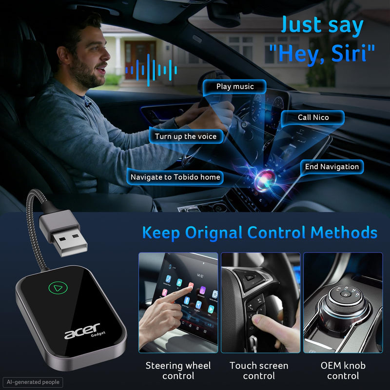 Acer Gadget CarPlay Wireless Adapter for Apple — iPhone Wireless Apple CarPlay Wireless Adapter Upgrade Wired CarPlay to Wireless for Seamless Music Navigation Calls and Messages Black