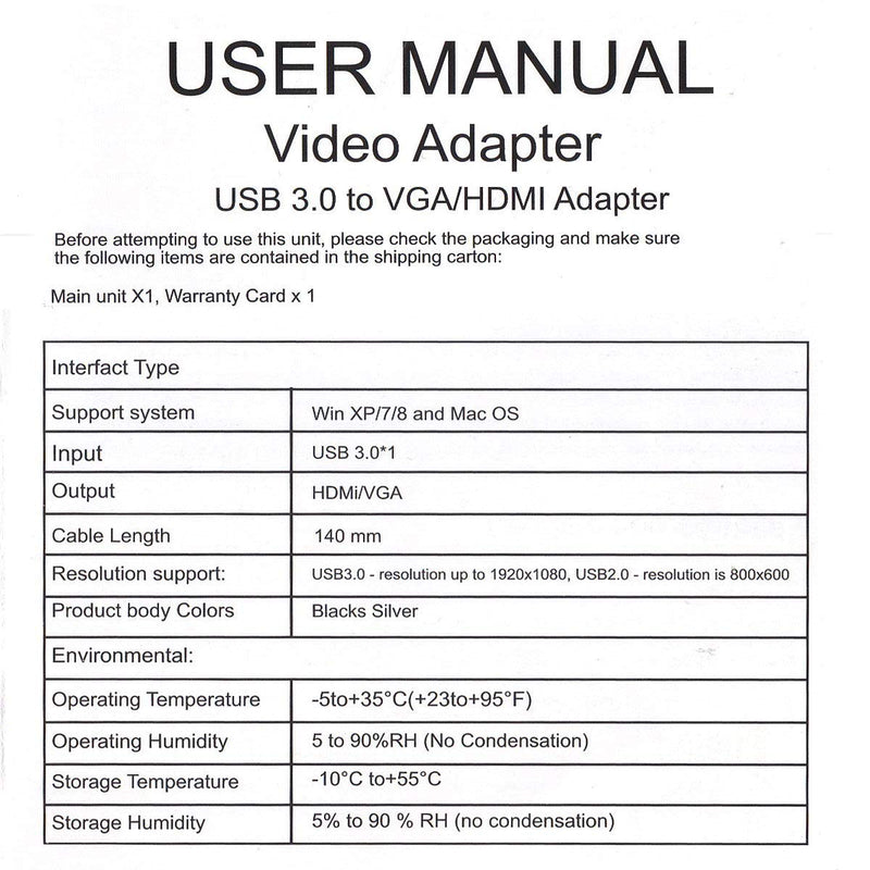 CY USB 3.0 2.0 to HDMI VGA HDTV Adapter Cable External Graphics Card for Windows Laptop