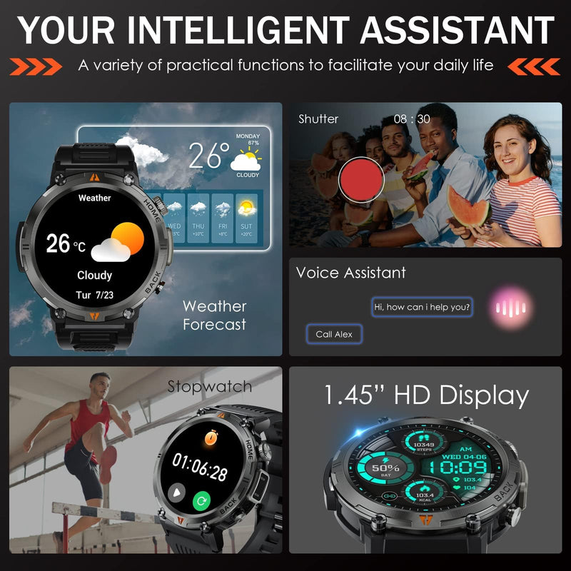 Military Smart Watch for Men with LED Flashlight 1.45" HD 3ATM Waterproof | Rugged Smart Watch with 100+ Sports Modes Fitness Tracker with Heart Rate/Sleep Monitor Tactical Smartwatch for iOS Android Orange