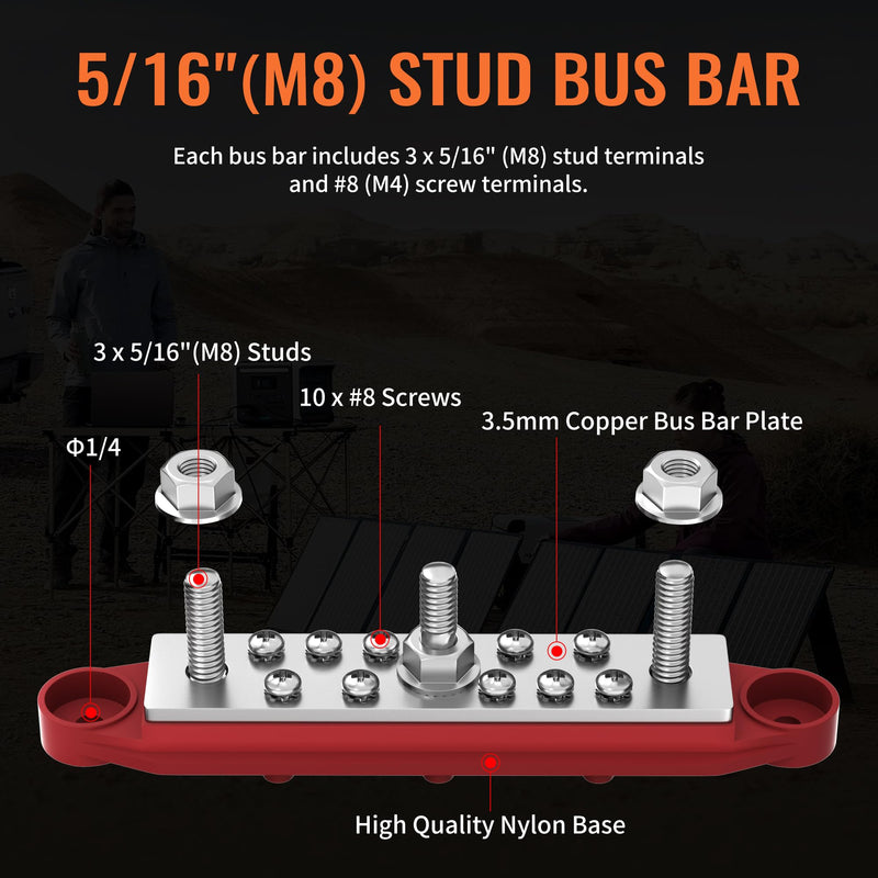 Joinfworld 250A 12V Bus Bar with Power Distribution Block 3 x 5/16" Studs Junction Block + Battery Disconnect Switch 12V-48V