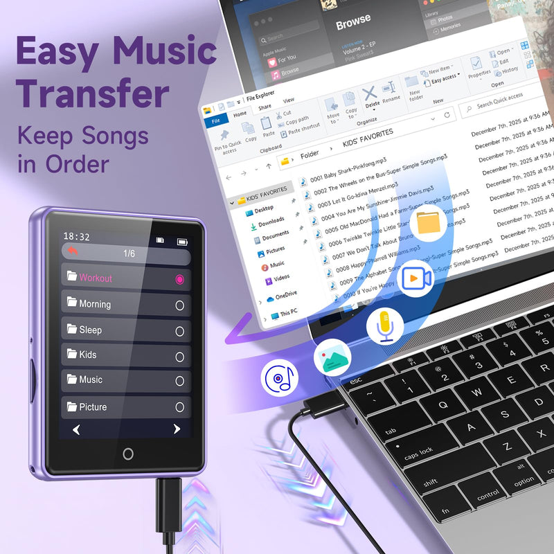 32GB MP3 Player with Bluetooth 5.3 Auto Reconnect, Zinc Alloy Frame | Built-in Speaker & White Noise, 2.8" Touchscreen, 48H Battery, Resume Playback, Supports 128GB microSD Card, Metallic Purple